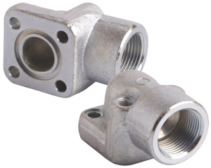 Bride acier coudée 4 trous entraxe 55 vis M8 taraudée 1/2" BSP