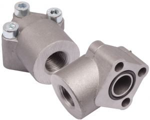 Bride aluminium coudée 3 trous entraxe 62 vis M12 taraudée 1"1/4 BSP